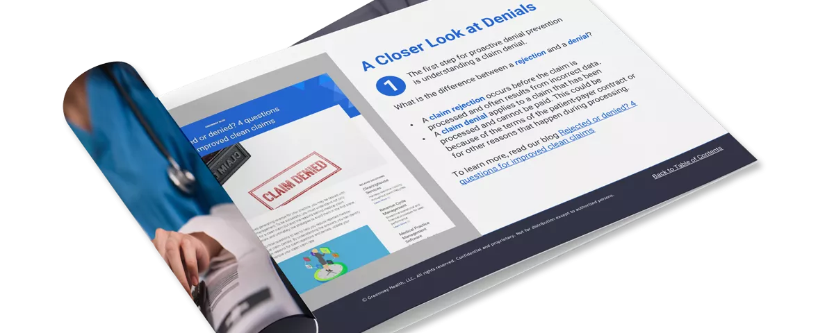 mockup of the denial prevention strategies ebook in a physical book