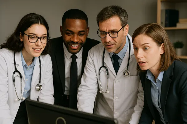 2 male and 2 females looking at a computer. one of the males and one of the females are wearing white lab coats and stethoscopes