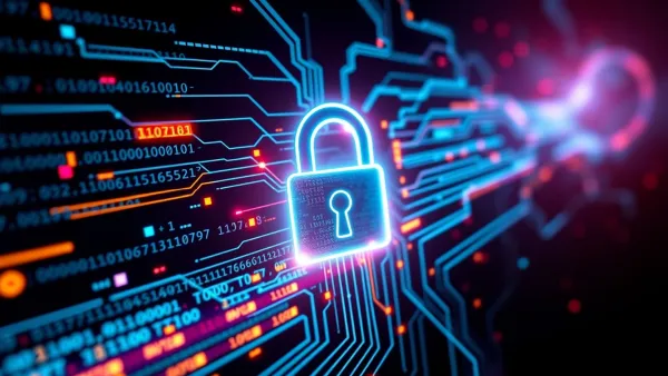A glowing digital lock surrounded by streams of binary code and data points, symbolizing cybersecurity