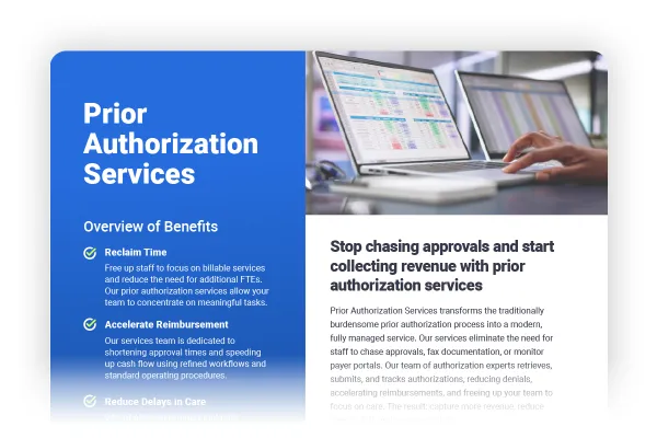 the top of a PDf with a blue sidebar that says Prior Authorization services and an image of 2 computers with a hand clicking on one of them