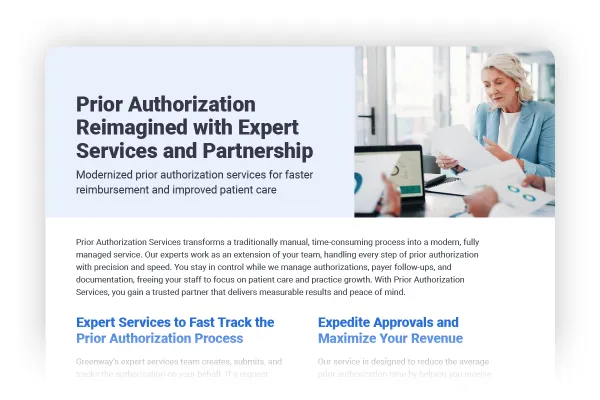 top of a digital resource for Prior Authorization Services with a title of "Prior Authorization Reimagined with Expert Services and Partnership and an image of a woman looking at reports on a table with computers