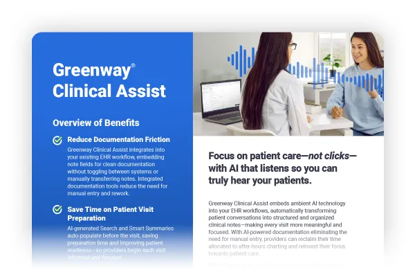 preview of a PDF about Greenway CLinical assist with a blue sidebar and an image of 2 women talking in a doctors office