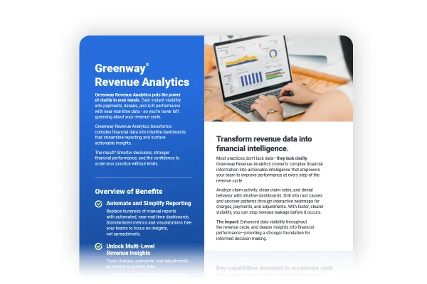 image of a document with rounded corners with the title of Greenway Revenue Analytics. It has an image of a computer with charts on it and text