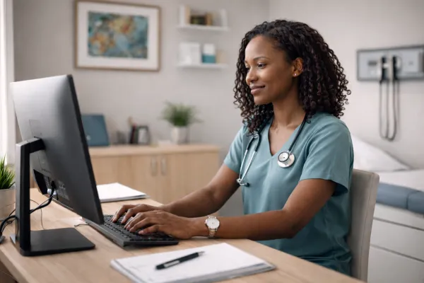 black female doctor in scrubs typing on a computer on a desk in a patient exam room in a doctor's office