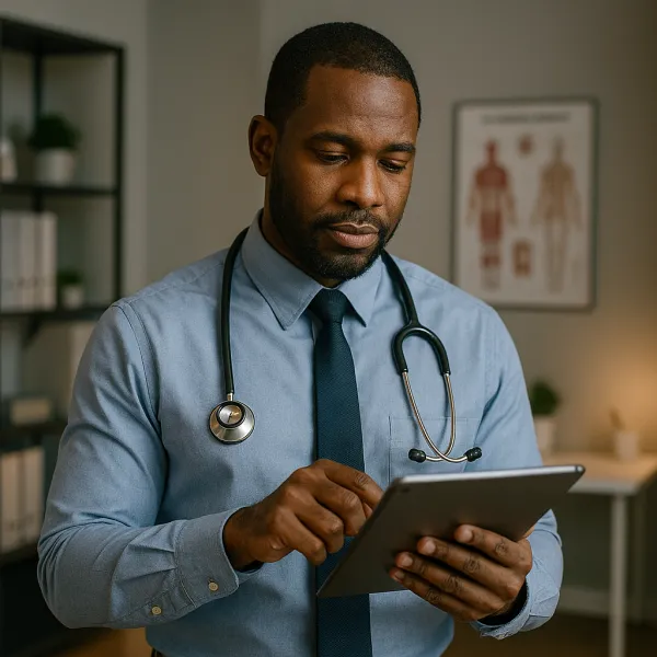 A black male doctor in a blue shirt and tie, standing in an office, using a tablet. He has a stethoscope around his neck