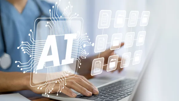 a doctor working on a computer with a large AI logo and icons of documents floating above the laptop