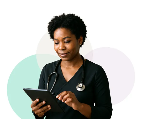 black Woman in scrubs using tablet