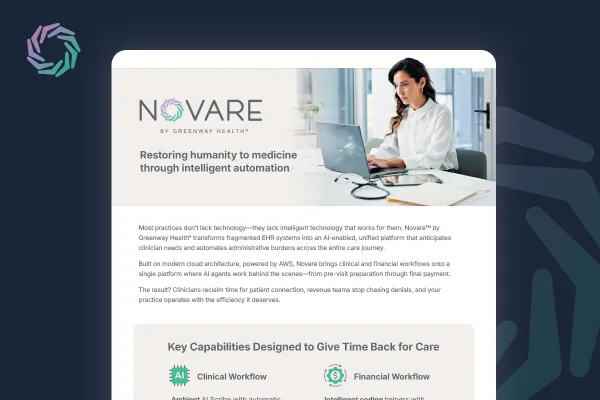 preview of a document outlining the benefits of Novare by Greenway Health in restoring humanity to medicicne through intelligent automation
