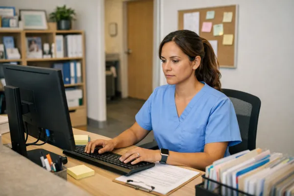 woman in blue scrubs working on a computer in a doctors office with lots of files and shelves filled with papers
