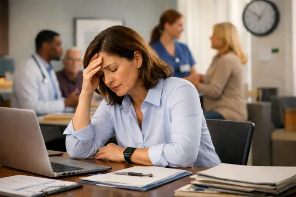 woman with her head in her hands in front of a laptop, clearly frustrated with her work