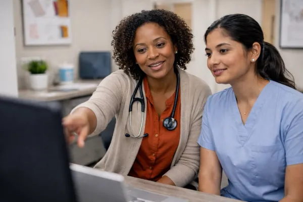a black female doctor and young nurse looking at a computer screen and pointing at what they see