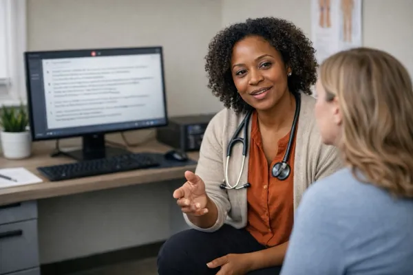 a black female doctor talking to a white female patient in an exam room with a computer in the background creating a transcript of the conversation