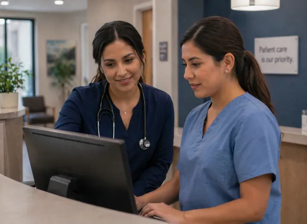 Female doctor and nurse, both wearing scrubs, looking at a computer at the front desk of a doctor's office