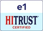 a blue and white logo with e1 and HITRUST certified written on it