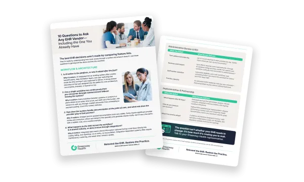 2 pages of a PDF document checklist for questions to ask an EHR vendor