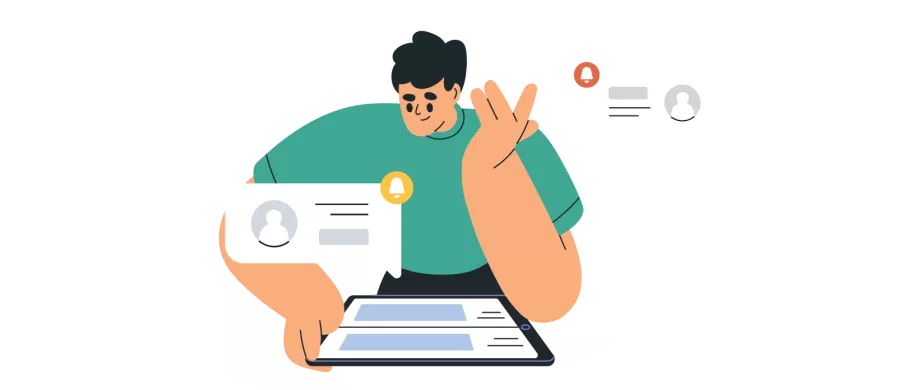 Man using tablet with notification graphics