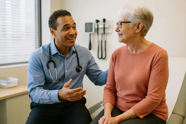 a black male doctor in a blue shirt talking to a elderly female patient in an exam room