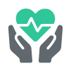 icon of 2 gray hands holding a green heart