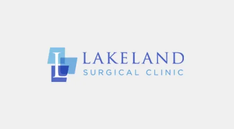 Gray image with a blue and purple lakeland surgical clinic logo