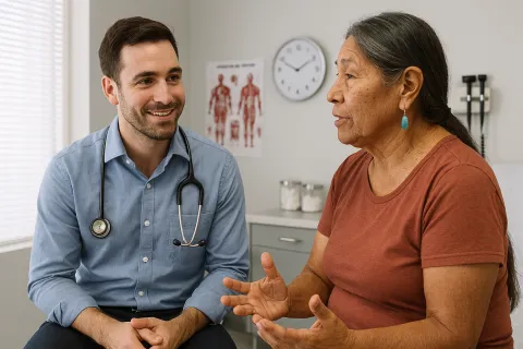 Male doctor talking to an older female native american patient in a red shirt