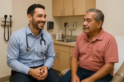 Young Male Doctor with older male patient in exam room