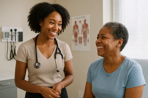 a black woman doctor on the left side with a stethoscope around her neck smiling and looking at an older black woman patient who is seated. They are in an exam room with a window at the back