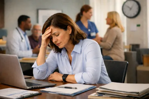 woman with her head in her hands, sitting in front of a computer on a desk with papers piled up. there are doctors and nurses behind her talking