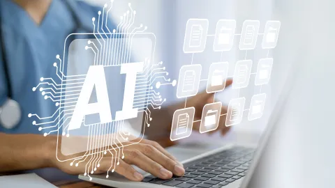 a doctor working on a computer with a large AI logo and icons of documents floating above the laptop