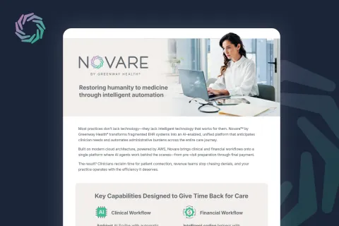 preview of a document outlining the benefits of Novare by Greenway Health in restoring humanity to medicicne through intelligent automation