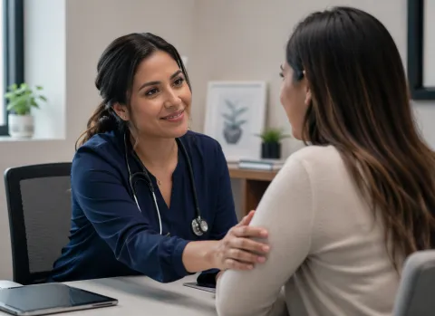 female doctor leaning across table with a hand on a patient reassuring them in a well-lit doctor's office