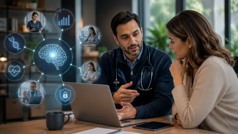 a doctor and a woman talking at a table with a computer. a floating image of a brain connected to pictures of doctors and icons of DNA, a heart, a lock