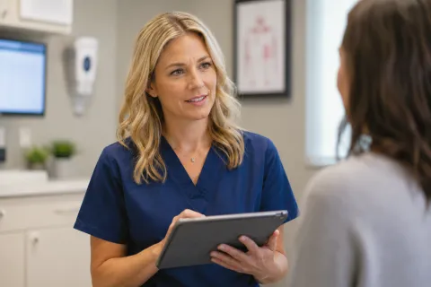 female doctor with blond hair wearing blue scrubs talking to a female patient in an exam room. The doctor is using a tablet
