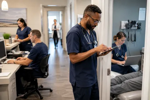 several doctors in dark blue scrubs working using technology in different parts of an office