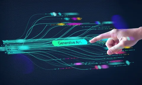 glowing lines with a block that says Generative AI on it. A hand reaches in from the right side pointing to the block