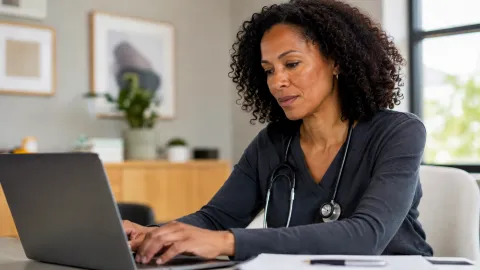 a black female doctor in a gray shirt typing on a laptop. she is in a well-lit office with a table and a window behind her