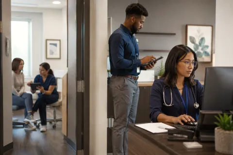 several scenes in one image - doctors talking with patients, using a tablet, and a desktop computer. THey are all in a well-lit modern office