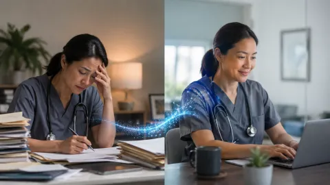 a side-by-side image of a doctor looking frustrated doing lots of tasks by paper to being happy using AI workflows on a computer