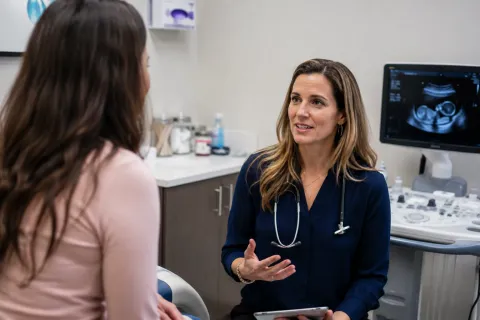 an obgyn doctor and a patient sitting in an exam room having a conversation. the doctor is holding a tablet. there is a sonogram machine behind the doctor