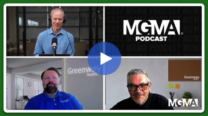 screenshot of a podcast with a grid of 3 people and the MGMA logo