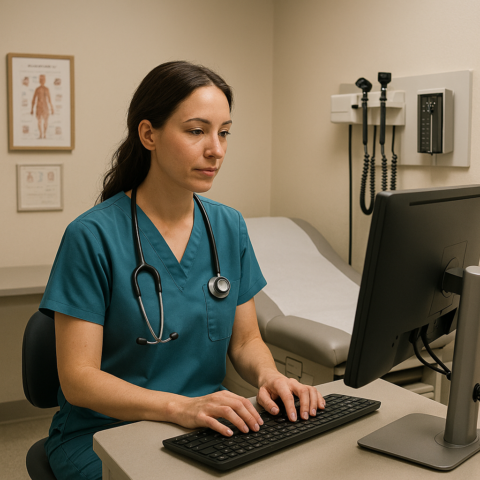 A female Doctor in scrubs working on a computer