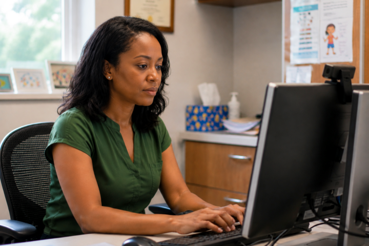 a black female pediatrician in a green shirt working at a computer in an exam room