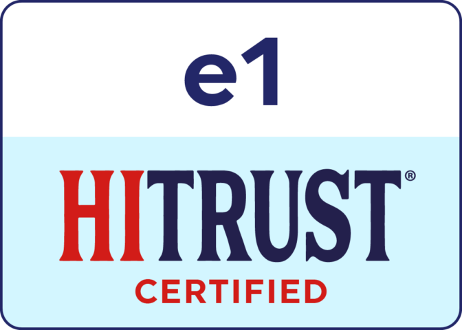 a blue and white logo with e1 and HITRUST certified written on it