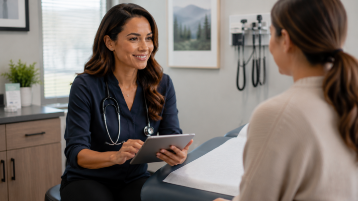 a female doctor with dark hair talking to a patient in an exam room while using a tablet