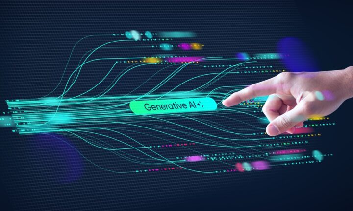 glowing lines with a block that says Generative AI on it. A hand reaches in from the right side pointing to the block