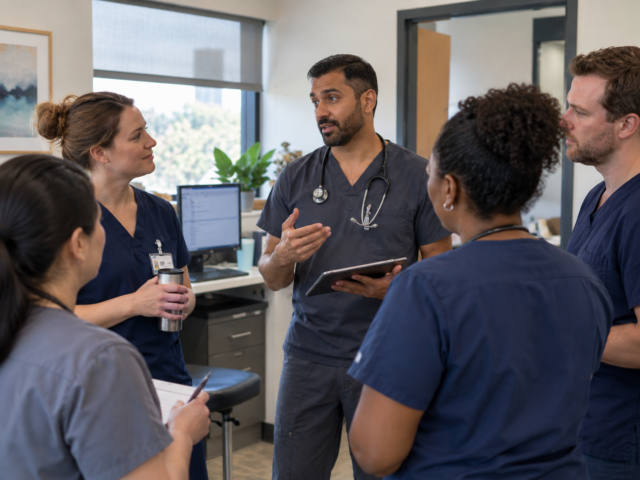 Candid morning huddle of a diverse clinical team in a modern outpatient clinic, with a doctor in dark scrubs holding a tablet and speaking with colleagues gathered around.
