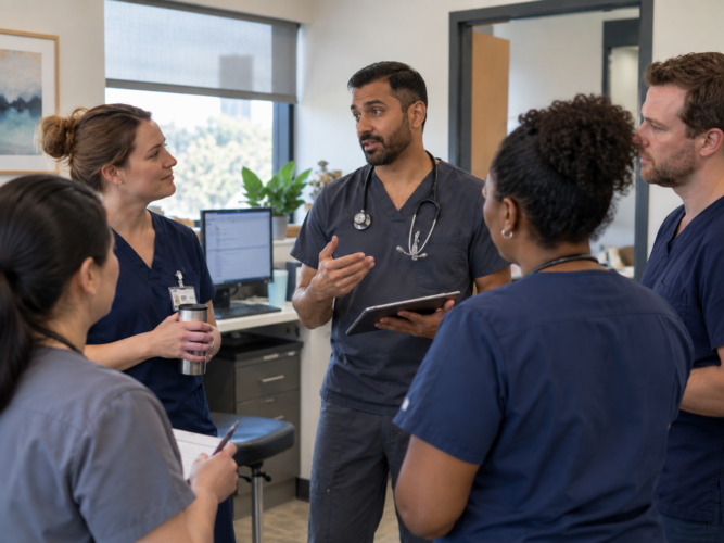 Candid morning huddle of a diverse clinical team in a modern outpatient clinic, with a doctor in dark scrubs holding a tablet and speaking with colleagues gathered around.