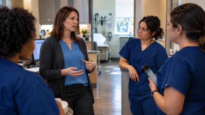 A female clinical leader talks with three staff members in matching navy scrubs in a doctor’s office, while one holds a tablet.