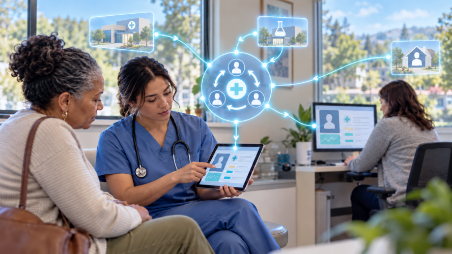 Glowing lines connect a clinic’s tablet and computer to a central healthcare information exchange hub, which also links to external clinic, laboratory, and home icons. A clinician and patient review the tablet beneath the word-free network graphic.